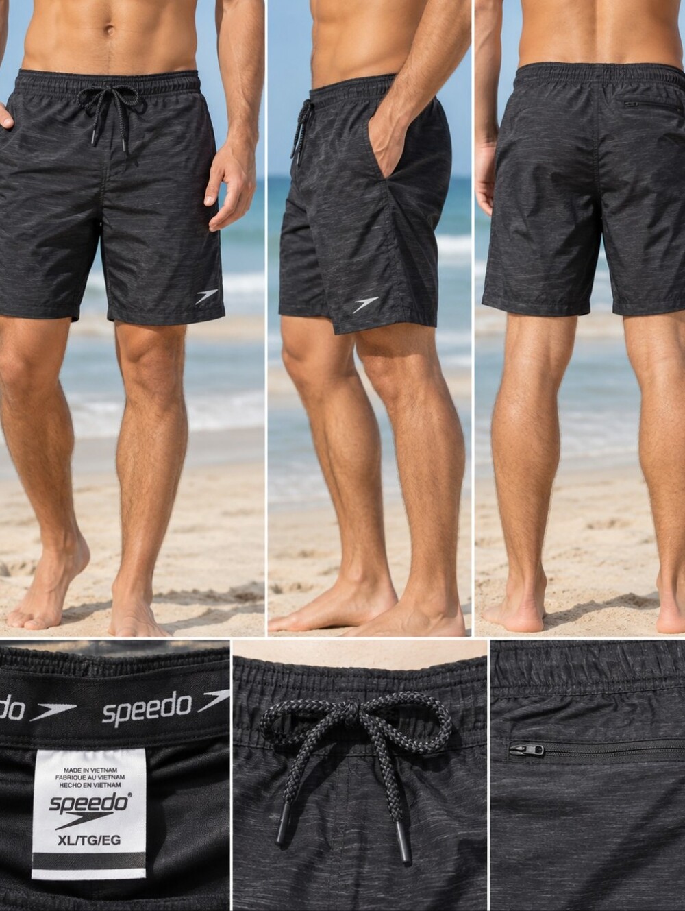 Speedo Men’s XL Black Heather Swim Trunks Board Shorts Drawstring